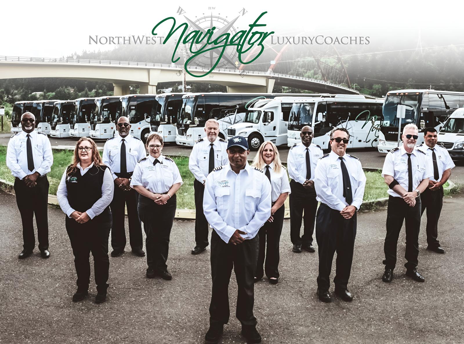 NW Navigator operators in white uniform shirts and ties, standing in front of the company's coaches, mini buses and vans